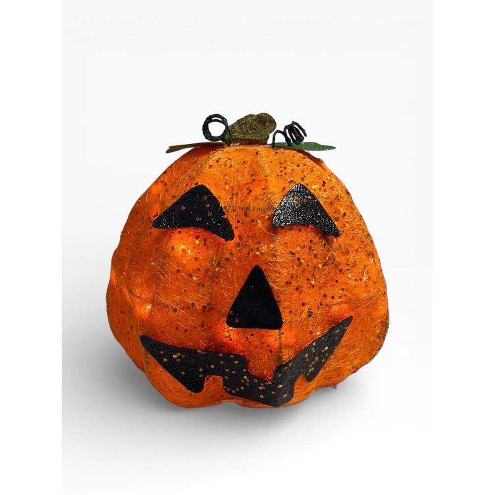 Spun Spaghetti Light Up Pumpkin Halloween Glittery Jack O Lantern WORKS Decor